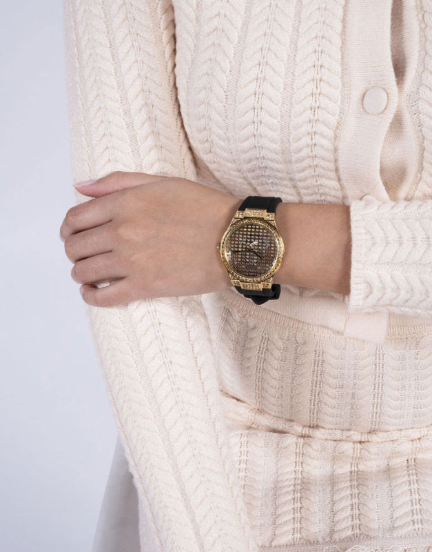 Elegant Gold Watch – Chic Grey Dial with Silicone Strap | Guess