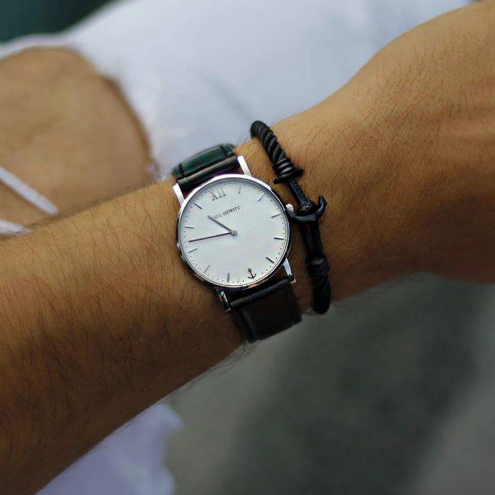 Paul Hewitt Classic Silver Minimal Watch – Black Leather Strap